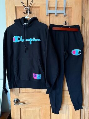 Champion Black Hoodie & Sweatpants Set with Teal and Pink Logos